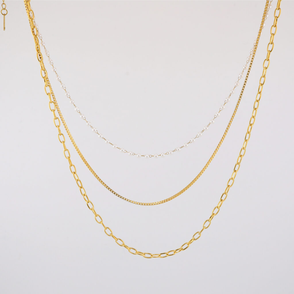 Triple Pearl Necklace by Cleo Jewelry – Layered faux pearl necklace with stainless steel chains, hypoallergenic and elegant for everyday wear