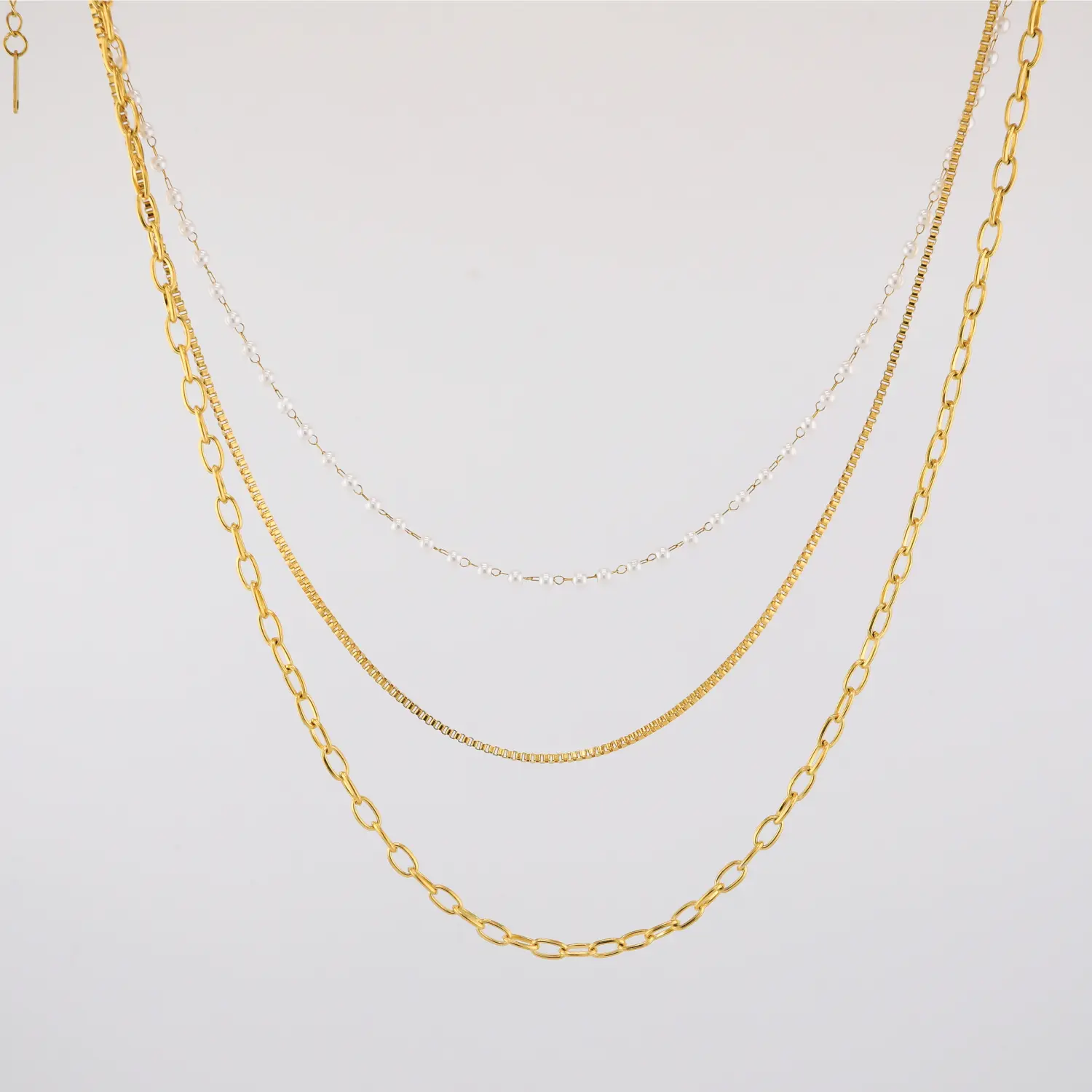 Triple Pearl Necklace by Cleo Jewelry – Layered faux pearl necklace with stainless steel chains, hypoallergenic and elegant for everyday wear